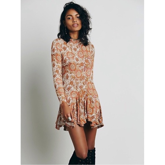 Free People Annabelle Jersey Printed Tunic Dress Large in Orange Combo Fall - Picture 1 of 10